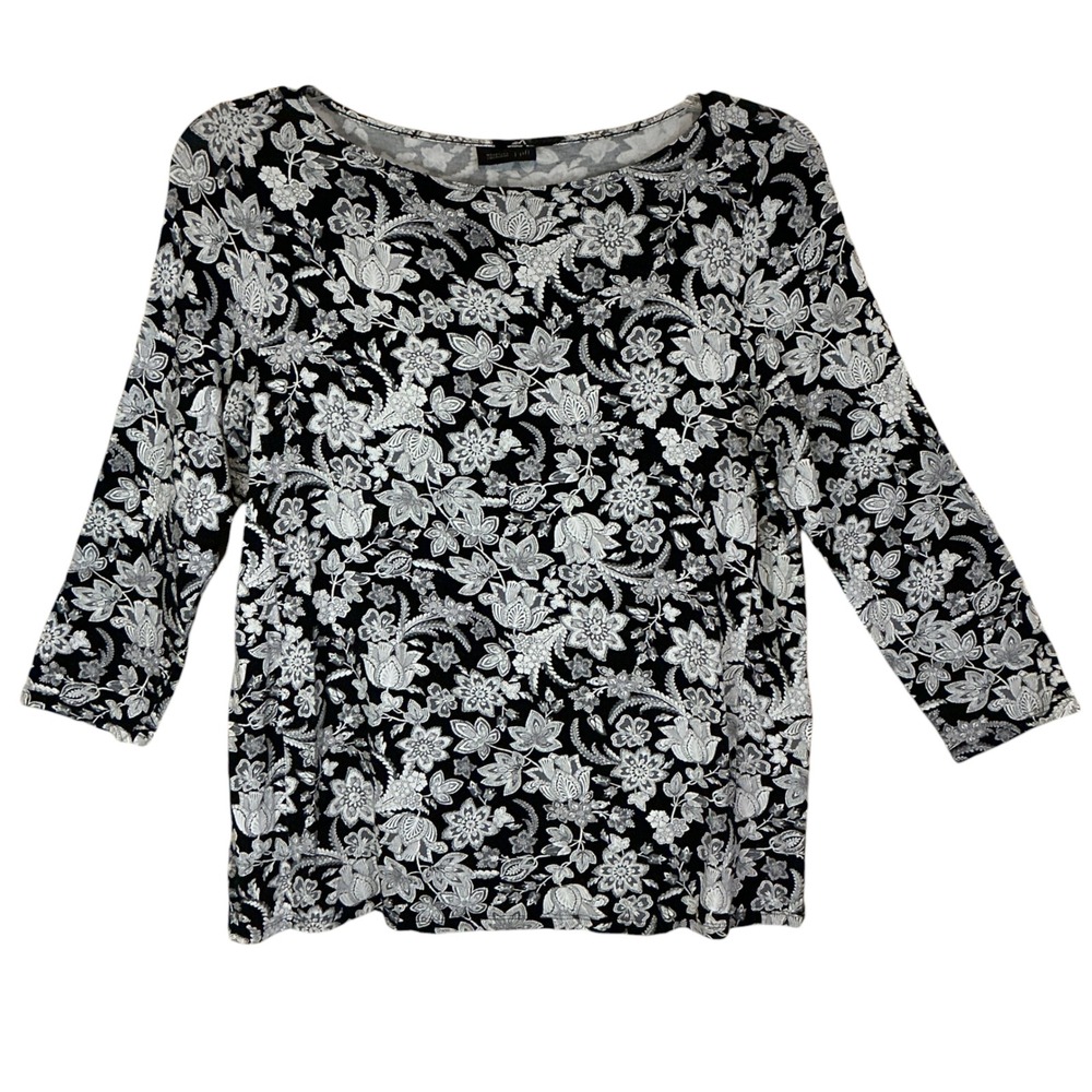 J. Jill Top Womens S Black White Wearever Floral Paisley 3/4 Sleeve Boat Neck